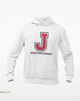 White hooded sweatshirt with front logo and kangaroo pocket