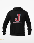Black hooded sweatshirt with front logo and kangaroo pocket