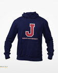 Navy hooded sweatshirt with front logo and kangaroo pocket