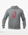 Gray hooded sweatshirt with front logo and kangaroo pocket
