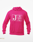 Pink youth hooded sweatshirt with white block letters on front