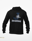 Youth black hooded sweatshirt with kangaroo pocket and leaping tiger logo on chest