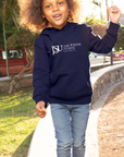 Youth pullover hoodie, navy with front JSU crest logo, kangaroo pocket, drawstring hood