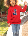 Toddler pullover hoodie, red with varsity letter logo and front kangaroo pocket