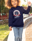 Navy youth pullover hoodie with Jackson State University football logo on chest and front pouch