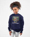 Toddler navy pullover hoodie with hood, long sleeves, and front graphic print