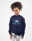 Youth navy hoodie on child, “Code Blue” front graphic, kangaroo pocket visible