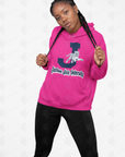 Hot pink unisex pullover hoodie with front tiger graphic and university logo
