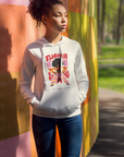 Unisex pullover hoodie, light gray, colorful chest graphic, kangaroo pocket