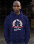 Unisex pullover hoodie in navy with Jackson State University football crest on front