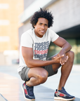 Athletic heather grey crewneck T-shirt with stacked Tigers striped lettering and logo