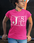 Jackson State University Tigers short-sleeve T-shirt, bright pink with white block logo