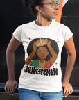 White Juneteenth Queen T-shirt on model with woman-in-afro hands graphic and Juneteenth text