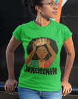 Green Juneteenth Queen T-shirt on model with woman-in-afro hands graphic and Juneteenth text