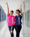 Pink and navy unisex short sleeve crew neck T-shirts with white motivational wordmark designs