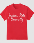 Red short-sleeve crew neck t-shirt with white “Jackson State University” script