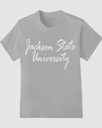 Light gray short-sleeve crew neck t-shirt with white “Jackson State University” script
