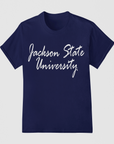 Navy toddler short-sleeve T-shirt with white script university logo on chest