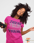 Pink crew-neck short-sleeve T-shirt with Tigers graphic on front.