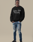 Black unisex sweatshirt with white script university logo