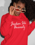 Red unisex sweatshirt with white script university logo