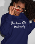 Navy unisex sweatshirt with white script university logo
