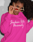 Pink unisex sweatshirt with white script university logo