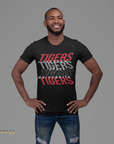 Black crew-neck short-sleeve T-shirt with Tigers graphic on front.