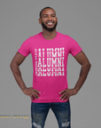 Pink crew-neck short sleeve T-shirt with white stacked “Alumni” graphic on model