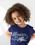 Toddler crewneck T-shirt, navy blue, leaping Tigers graphic, worn by child