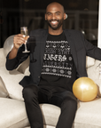 Black short-sleeve T-shirt with white festive pattern and university logo graphic