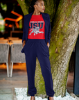 Navy blue zip-top? no—navy unisex crew-neck T-shirt with JSU leaping tiger graphic