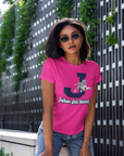 Pink short-sleeve crew neck T-shirt with leaping tiger and university text graphic