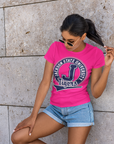 Pink unisex crew neck short sleeve t-shirt with circular Tigers logo graphic