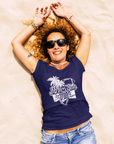 Navy blue short sleeve T-shirt with Tigers logo, worn with blue denim shorts