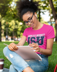 Pink unisex crew-neck T-shirt with JSU leaping tiger graphic and lettering
