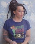 Navy Juneteenth T-shirt worn by woman; 'Black Freedom 1865' front graphic