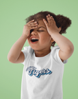 White youth t-shirt with short sleeves and Tigers logo front graphic.