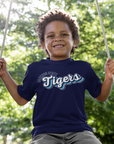 Navy youth t-shirt with crew neck and Tigers logo front graphic.
