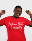 Red short-sleeve crew neck t-shirt with white “Jackson State University” script, on model