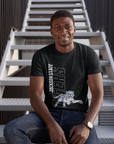 Unisex crewneck black T-shirt with Jackson State tiger logo graphic on chest
