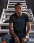 Black crew neck t-shirt with stacked alumni logo print on front, worn by model