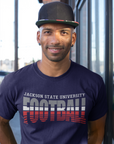 Navy crew-neck T-shirt with Tigers Football logo graphic in red and white