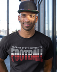 Black crew-neck T-shirt with Tigers Football logo graphic in red and white