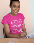 Hot pink short-sleeve V-neck T-shirt with white festive Jackson State Tigers graphic