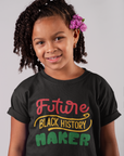 Kids short sleeve T-shirt in dark charcoal with 'Future Black History Maker' front graphic