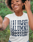 White sleeveless top with stacked alumni logo print on front