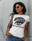 White short-sleeve T-shirt with Tigers eye logo graphic on the front