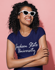 Blue crew-neck short-sleeve T-shirt with white script Jackson State University print