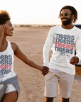 White long-sleeve crewneck T-shirt with stacked Tigers text and tiger mascot graphic